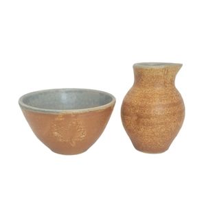 Handmade Stoneware Pottery Two Pc Set Mini Jug n Bowl Canadian Leaf Sign…